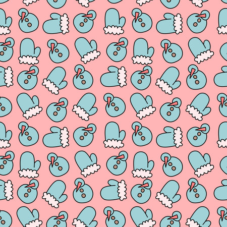 Pink seamless pattern with blue mittens and snowmen. Christmas and New Year design.のイラスト素材