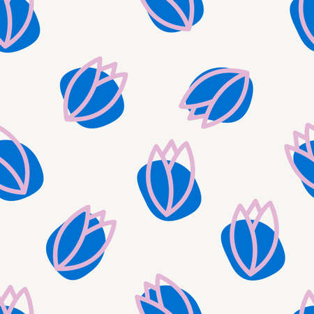 Abstract seamless pattern with minimalist pink tulips and blue spotsのイラスト素材