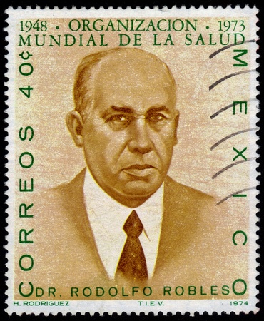 Mexico-CIRCA 1974  stamp printed in Mexico, shows a portrait of dr  Valverde Rodolfo Robles  1878-1939  was born in Guantemala, professor of anatomy  devoted to 25 anniversary of the World health organization, circa 1974;のeditorial素材