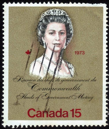 Canada-CIRCA 1973  stamp printed in Canada, shows images of Queen Elizabeth, dedicated to Royal Visits in 1973 at the meeting Heads of Government, circa 1973のeditorial素材