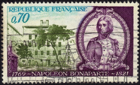France - CIRCA 1969  A postage stamp printed in France, dedicated to Napoleon Bonaparte bicentenary and showing portrait of the emperor and his house in Ajaccio  circa 1969のeditorial素材