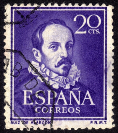 Spain, CIRCA 1950: stamp printed in Spain , showing portrait Juan Ruiz de Alarcon y Mendoza  (1580 -  1639).  Playwright who, is considered one of the leading figures of the Spanish theater of the Golden Age, circa 1950のeditorial素材