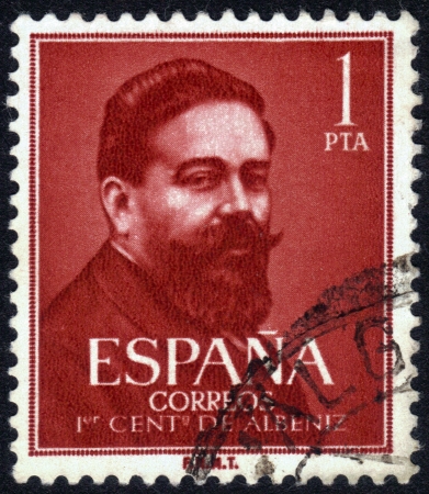 Spain, CIRCA 1951: stamp printed in Spain , showing portrait Isaac Manuel Francisco Albéniz  and Pascual (29 May 1860-18 May 1909) was a Spanish pianist and composer , circa 1951のeditorial素材