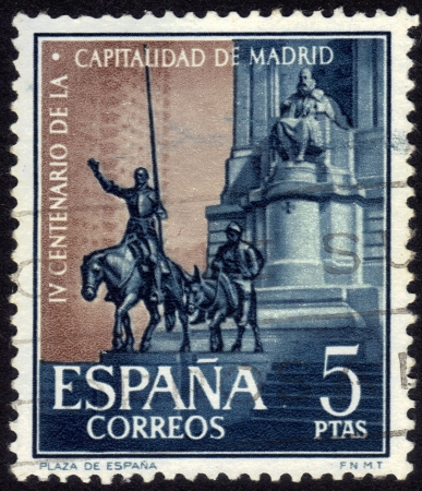 Spain, CIRCA 1961: stamp printed in Spain , showing Cervantes Memorial in Madrid , dedicated 400th Anniv of Madrid as a capital of Spain  , circa 1961のeditorial素材