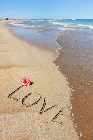 Inscription love on the wet sand of the sea, beach in a quiet cove of the Mediterranean Sea and  flower of  roseの写真素材