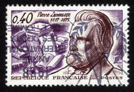 France - CIRCA 1968: A  stamp printed in France, shows Pierre Larousse , was scholar, writer,...