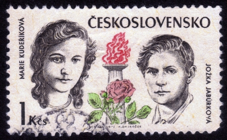 CZECHOSLOVAKIA - CIRCA 1973: A stamp printed in Czechoslovakia shows portraits Kuderikova Marie and Jozka Jaburkova, they were fighters against fascism, circa 1973のeditorial素材