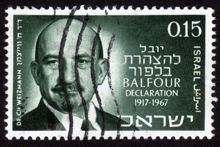 ISRAEL - CIRCA 1967  A stamp printed in ISRAEL shows portrait of Dr  Chaim Weizmann, was the first president of Israel, devoted to the 50th anniversary of the Balfour Declaration, circa 1967のeditorial素材