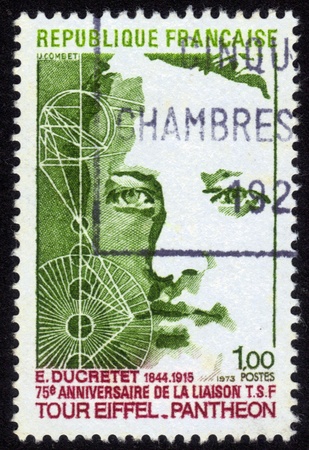 FRANCE - CIRCA 1973  stamp printed by France, shows Eugene Ducretet  1844-1915 , French engineer and his Transmission Diagram, circa 1973のeditorial素材