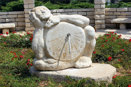 Sundial sculpture in the Rose garden, Park Ramat Hanadiv, Israel. The park is a family vault of...