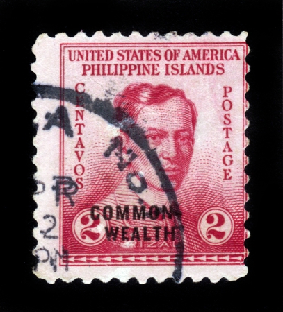 PHILIPPINES - CIRCA 1935  A stamp printed in Philippines - United States Administration shows image of Dr Jose Rizal , national hero of the Philippines, circa 1935のeditorial素材