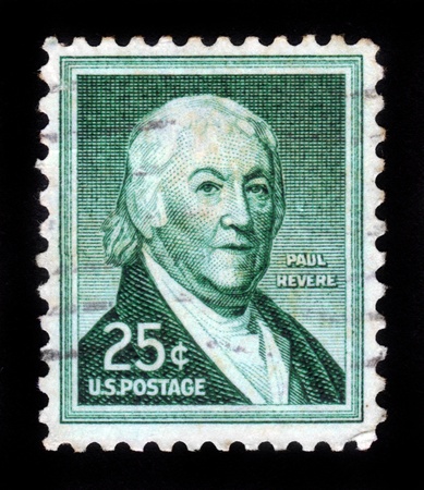 UNITED STATES - CIRCA 1954  A stamp printed in the United States, shows Paul Revere  1734-1818  was an American silversmith, industrialist, patriot in the American Revolution, circa 1954のeditorial素材