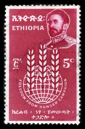 ETHIOPIA - CIRCA 1963 : A stamp printed in Ethiopia shows image of  emperor Haile Selassie on a red background , with the inscription : freedom from hunger campaign, circa 1963の写真素材