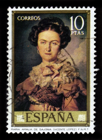SPAIN - CIRCA 1973: A stamp printed in Spain shows the painting Maria Amalia de Sajonia by Vicente Lopez Y Portana, spanish painter, circa 1973のeditorial素材