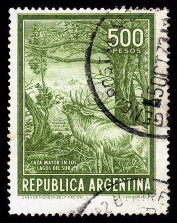 ARGENTINA - CIRCA 1970  A stamp printed in Argentina shows roaring woodland deer in a time of estrus, circa 1970のeditorial素材