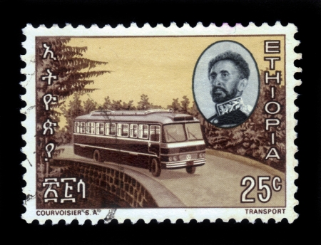 ETHIOPIA - CIRCA 1965   A stamp printed in Ethiopia shows portrait of emperor Haile Selassie and passenger bus firm Mercedes  , with the inscription in Amharic , series, circa 1965のeditorial素材