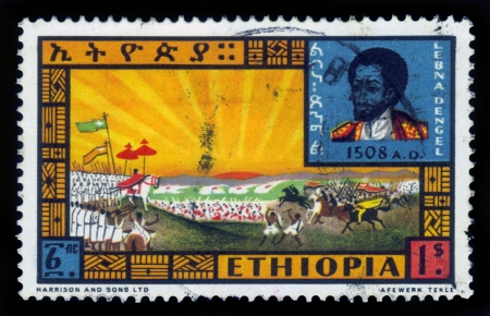 ETHIOPIA - CIRCA 1962   A stamp printed in Ethiopia shows portrait of King Lebna Dengel and Battle against Mohammed Gragn , with the inscription in Amharic , series, circa 1962のeditorial素材