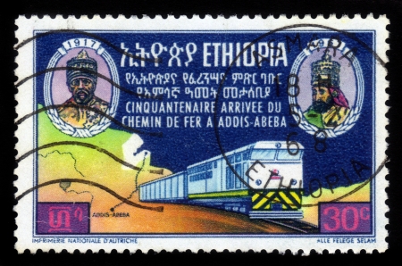 ETHIOPIA - CIRCA 1968  A stamp printed in Ethiopia shows image of  emperors  and train , dedicated to the 50th anniversary of railway to Addis Ababa , circa 1968のeditorial素材