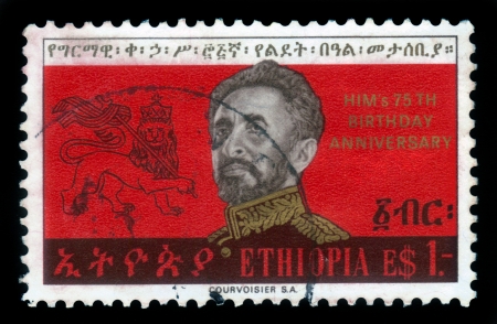 ETHIOPIA - CIRCA 1967   A stamp printed in Ethiopia shows image of  emperor Haile Selassie on a red background and Lion of Judah , 75th Birthday of Emperor , series, circa 1967のeditorial素材
