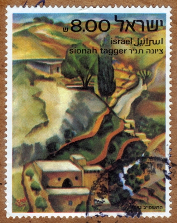 ISRAEL - CIRCA 1982  A stamp printed in ISRAEL shows landscape by Sionah Katz  Tagger , painter of Israel, circa 1982のeditorial素材