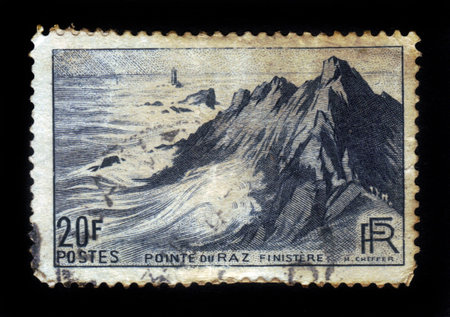 FRANCE - CIRCA 1946  stamp printed by France, shows lighthouse on Cape Sizun, Pointe du Raz ...