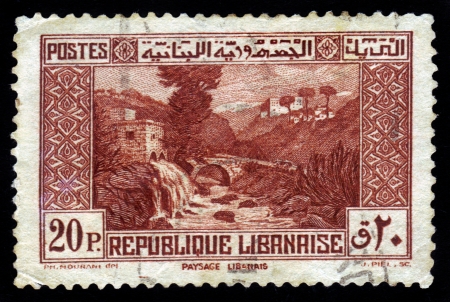 Lebanon - CIRCA 1926: A stamp printed in Lebanon under French Mandate, shows arab bridge over  dog river, Nahr el Kelb, Lebanon , circa 1926のeditorial素材