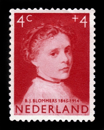 NETHERLANDS - CIRCA 1957 A stamp printed in Netherlands shows girl portrait at a painting by B J  Blommers  1845 - 1914 , circa 1957のeditorial素材
