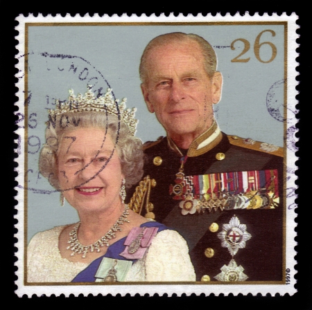 UNITED KINGDOM - CIRCA 1997  stamp printed in United Kingdom showing  Queen Elizabeth II and Duke of Edinburgh Prince Philip, celebrating the golden anniversary of the royal wedding, circa 1997のeditorial素材