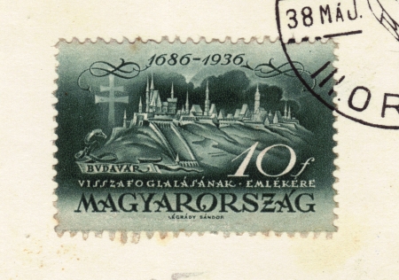 HUNGARY - CIRCA 1936  stamp printed by Hungary, shows Budavar   Buda Castle  , dedicated to 250th anniversary recapture of budavar from turks, circa 1936のeditorial素材