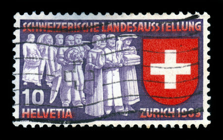 SWITZERLAND - CIRCA 1939  a stamp printed in the Switzerland shows deputation of trades and professions, in honor the national exposition of 1939, Zurich, circa 1939のeditorial素材