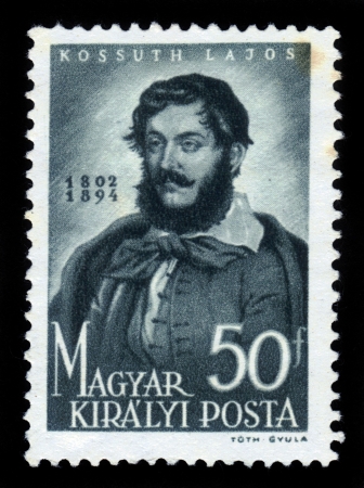 HUNGARY - CIRCA 1944  stamp printed by Hungary, shows Lajos Kossuth, was a hungarian lawyer, journalist, politician and regent-president of the kingdom of hungary, circa 1944のeditorial素材