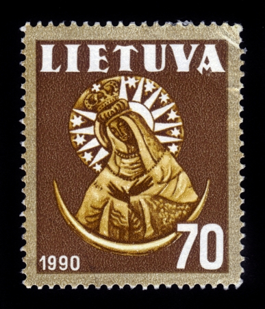 LITHUANIA - CIRCA 1990  A stamp printed in Lithuania shows image of Our Lady of the Blessed,  the only one in Lithuania magical images as widely known to heal, circa 1990のeditorial素材