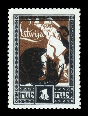 LATVIA - CIRCA 1919  A stamp printed in Latvia, shows St  George Killing the Dragon, circa 1919のeditorial素材