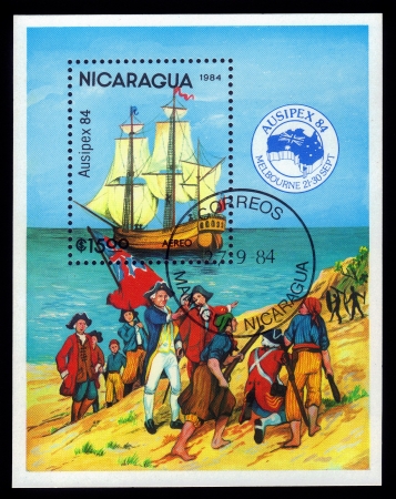 NICARAGUA - CIRCA 1984  A stamp printed in Nicaragua shows Frigate  Discovery , Ausipex 84 Stamp Exhibition, Melbourn, sept  21-30, circa 1984のeditorial素材