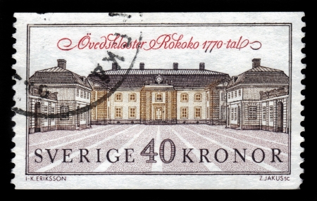 SWEDEN-CIRCA 1990 A stamp printed in Sweden shows image of the Ovedskloster Castle  Swedish  Ovedskloster slott  is a castle in Sjobo Municipality, Scania, in southern Sweden, circa 1990のeditorial素材