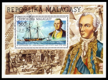 MADAGASCAR - CIRCA 1975  A stamp printed in Malagasy  Madagascar  shows schooner Hannah and general George Washington, circa 1975のeditorial素材
