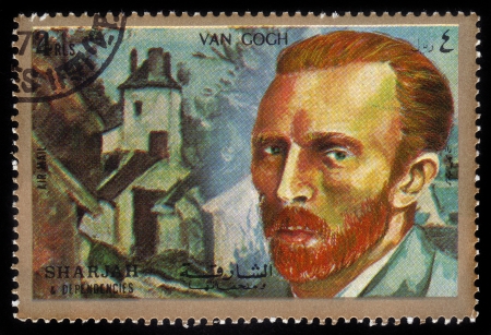 SHARJAH and DEPENDENCIES - CIRCA 1972  A stamp printed in Shiarjah and Dependencies shows Vincent Willem van Gogh  1853-1890 , circa 1972のeditorial素材