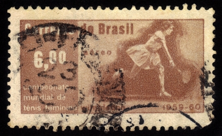 BRAZIL - CIRCA 1960  a stamp printed in the Brazil shows Maria E  Bueno, Victory at Wimbledon of Maria E  Bueno, Women s Singles Tennis Champion, circa 1960のeditorial素材