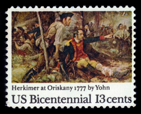 UNITED STATES OF AMERICA - CIRCA 1977  a stamp printed in the United States of America shows painting  Herkimer at Oriskany  by Yohn, US Bicentennial , circa 1977のeditorial素材