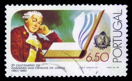 Portugal - CIRCA 1980  A stamp printed in Portugal shows the founder of the Academy of Sciences in Lisbon Joao de Braganza, 2 centennial Academy of Sciences, 1980のeditorial素材