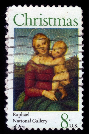 USA - CIRCA 1973  A Stamp printed in USA shows the Small Cowper Madonna, by Raphael  1483-1520 , National Gallery of Art, Washington, circa 1973のeditorial素材