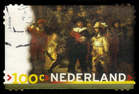 NETHERLANDS - CIRCA 2000  A stamp printed in Netherlands shows painting by Rembrandt Harmenszoon van Rijn - The Night Watch, series, circa 2000のeditorial素材