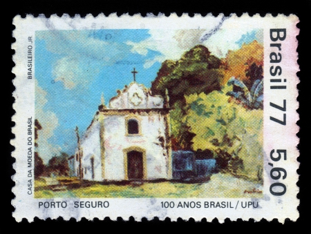 Brazil - CIRCA 1977  A stamp printed in Brazil shows small church in Porto Seguro, Bahia, Brazil, circa 1977のeditorial素材