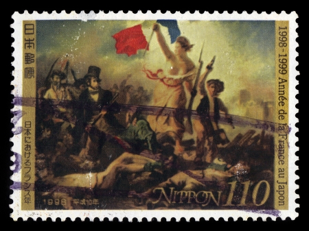 Japan - CIRCA 1998  a postage stamp printed in Japan showing Liberty Leading the People, painting by Eugene Delacroix painting , circa 1998 のeditorial素材
