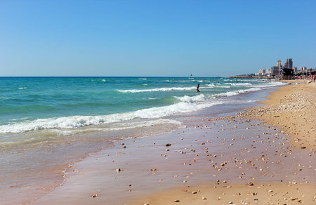 sandy beach on the Mediterranean Sea near Haifa, Israel
