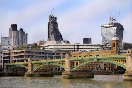 view from the Thames on the modern construction of skyscrapers and office buildings in Londonの写真素材