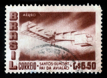 BRAZIL - CIRCA 1956  a stamp printed in Brazil shows Santos - Dumont 1906 Plane, 50th Anniversary of 1st Flight by Santos - Dumont, circa 1956のeditorial素材