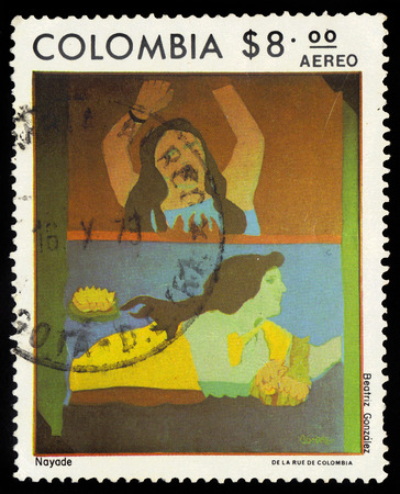 COLOMBIA - CIRCA 1977  a stamp printed in the Colombia shows painting nayade by beatriz gonzalez, circa 1977のeditorial素材