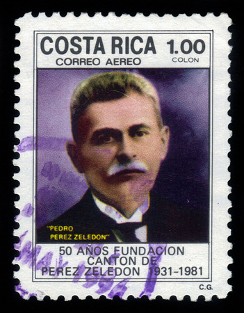 Costa Rica - CIRCA 1981  A stamp printed in Costa Rica shows portrait of Pedro Perez Zeledon, costa rican lawyer and diplomat, circa 1981のeditorial素材