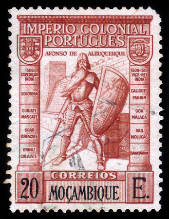 MOZAMBIQUE - CIRCA 1938: A stamp printed in Portugal, shows portrait of Alfonso de Albuquerque, portuguese general, circa 1938のeditorial素材